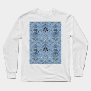 Damask Pattern of Folk Flowers on Deep Blue Long Sleeve T-Shirt